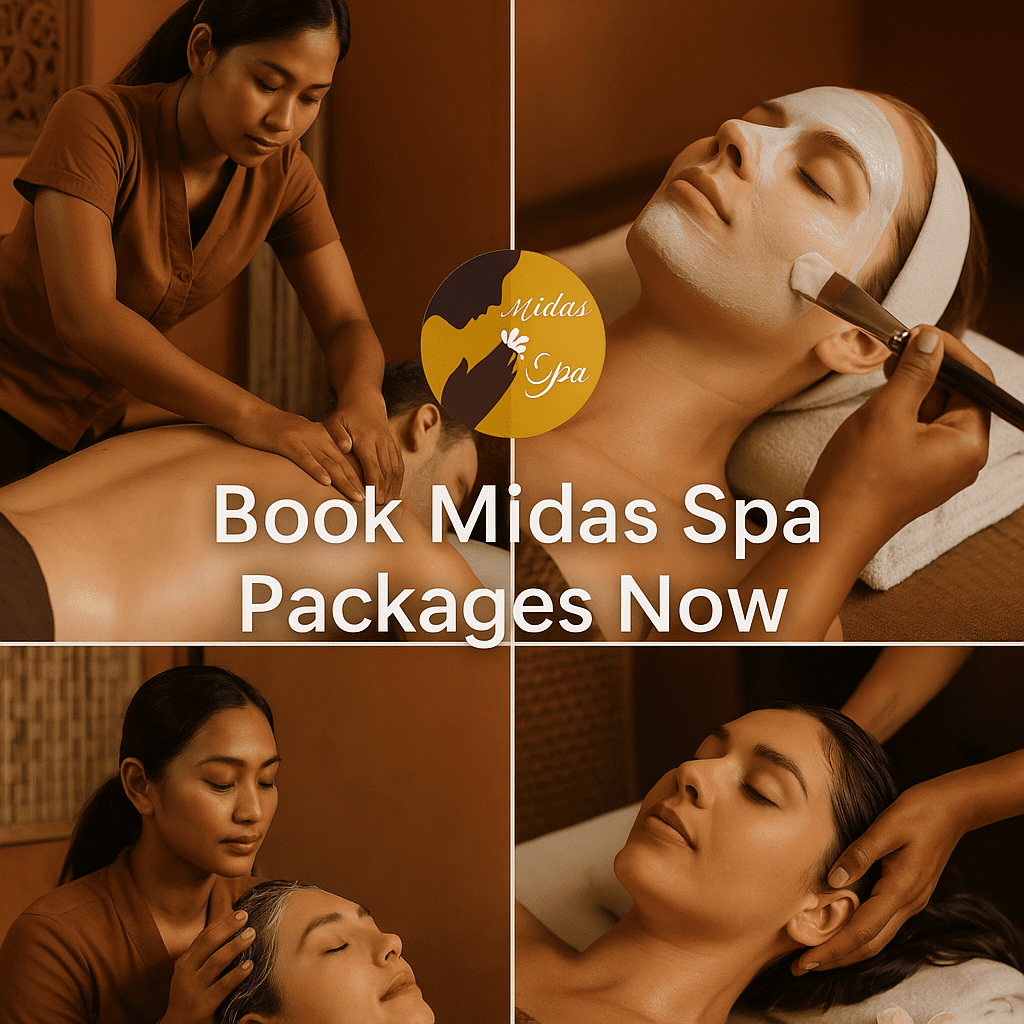 Collage of four traditional Balinese treatments—massage, body scrub, facial, and cream bath—at Midas Spa Ubud with “Book Midas Spa Packages Now” text overlay.